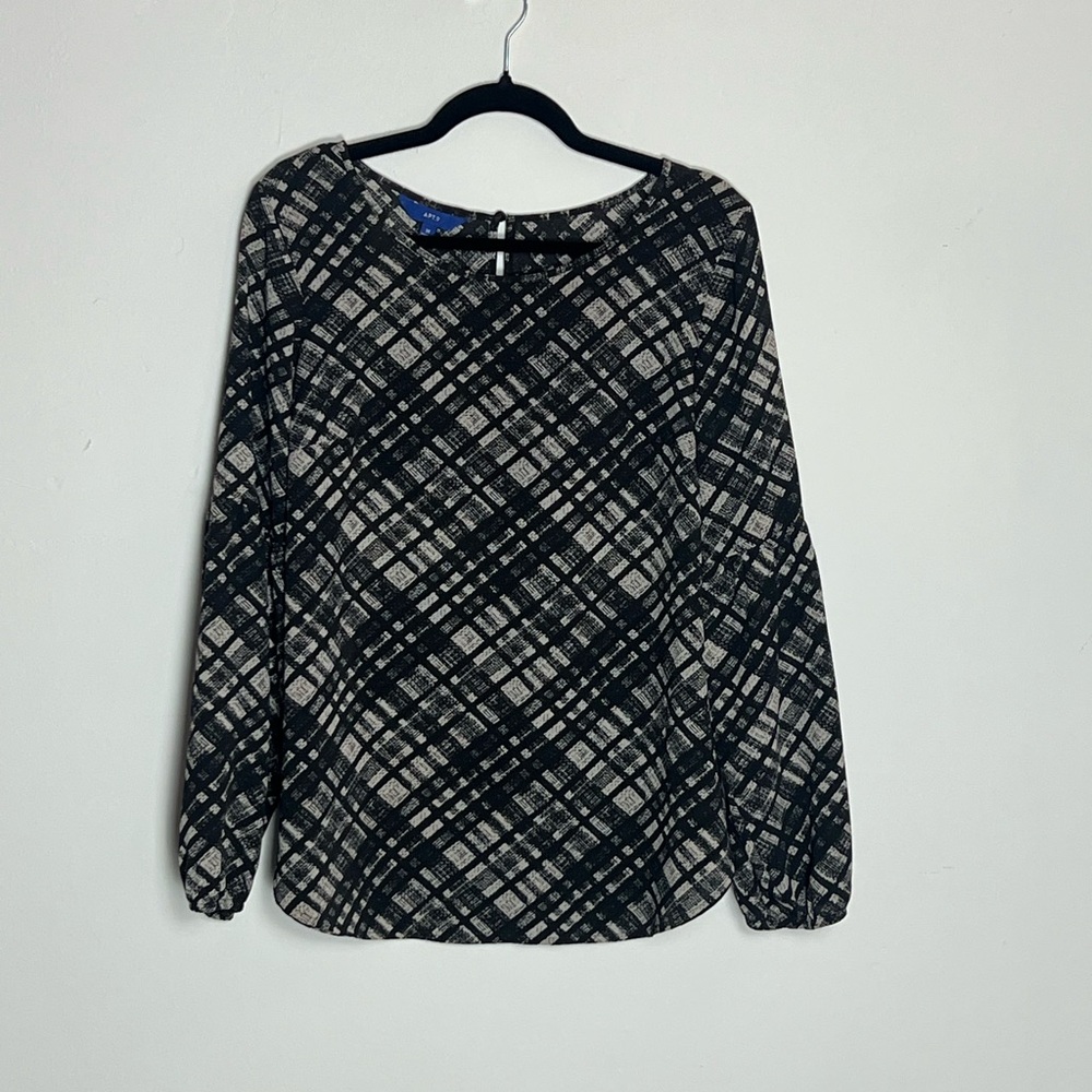 Apt. 9 Black and Cream Plaid Long-Sleeve Blouse